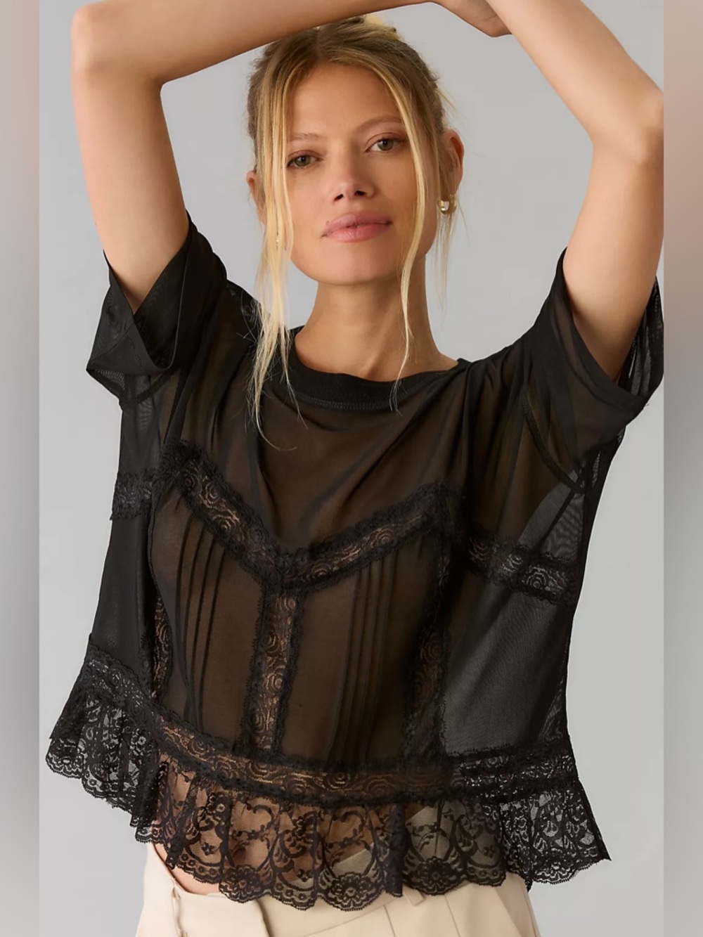 Anthropologie Dolan Short-Sleeve Sheer Lace Top Black Romantic Floral